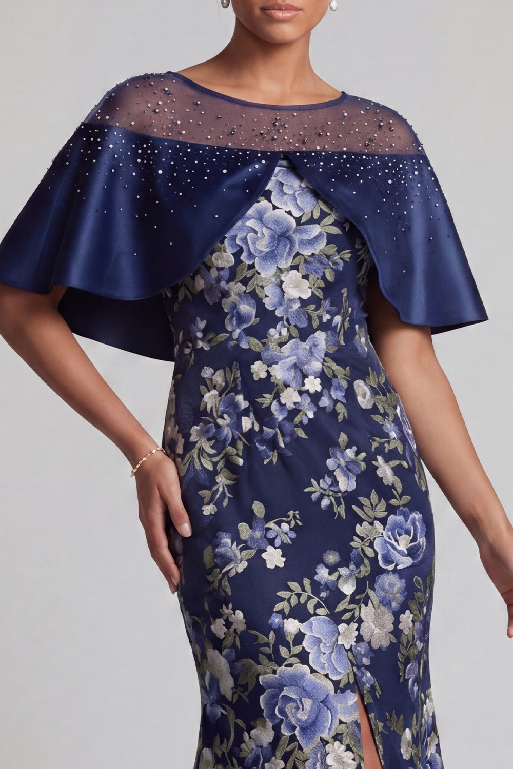 Sparkly Navy Floral Mermaid Beaded Long Wedding Guest Dress with Cape
