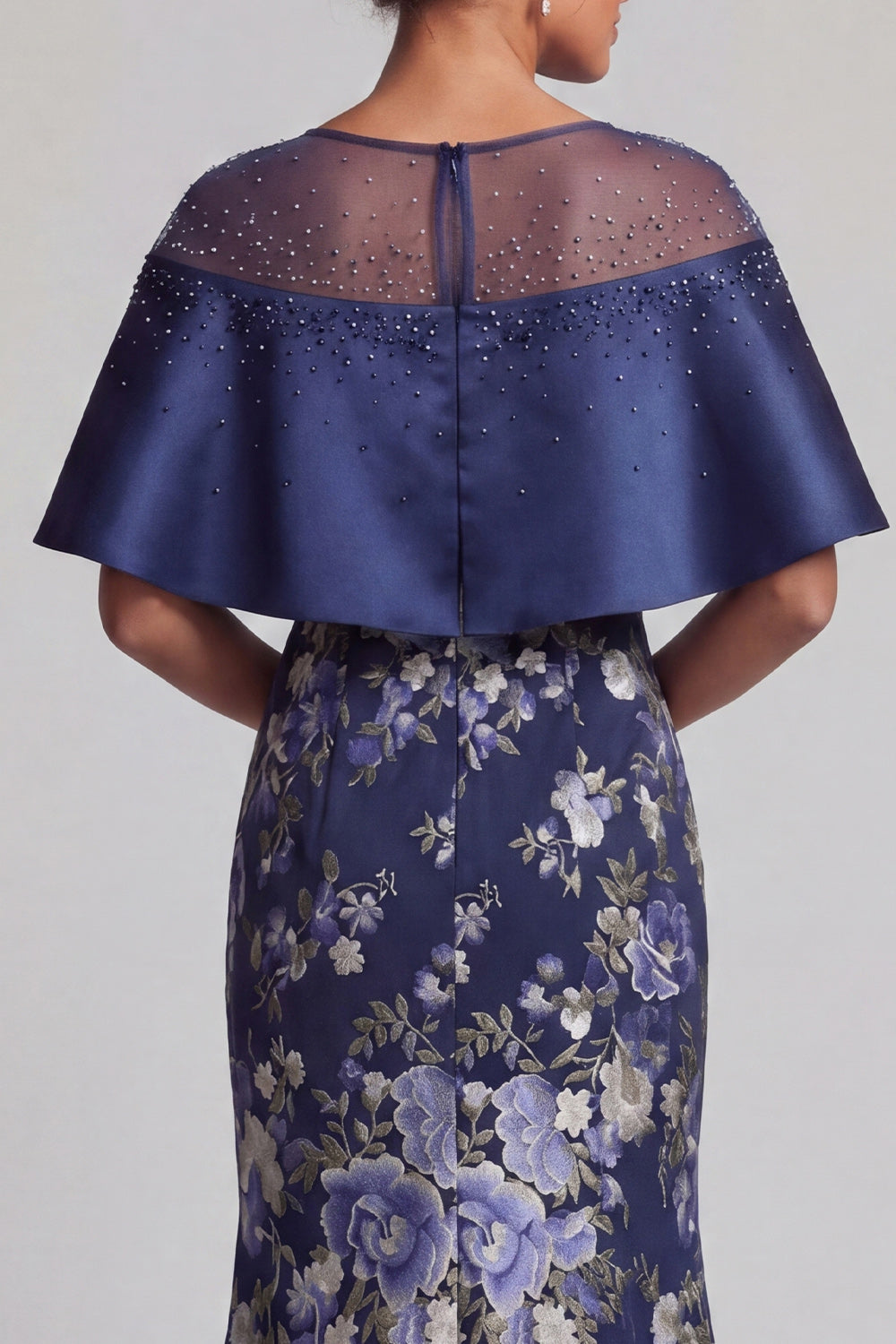 Sparkly Navy Floral Mermaid Beaded Long Wedding Guest Dress with Cape