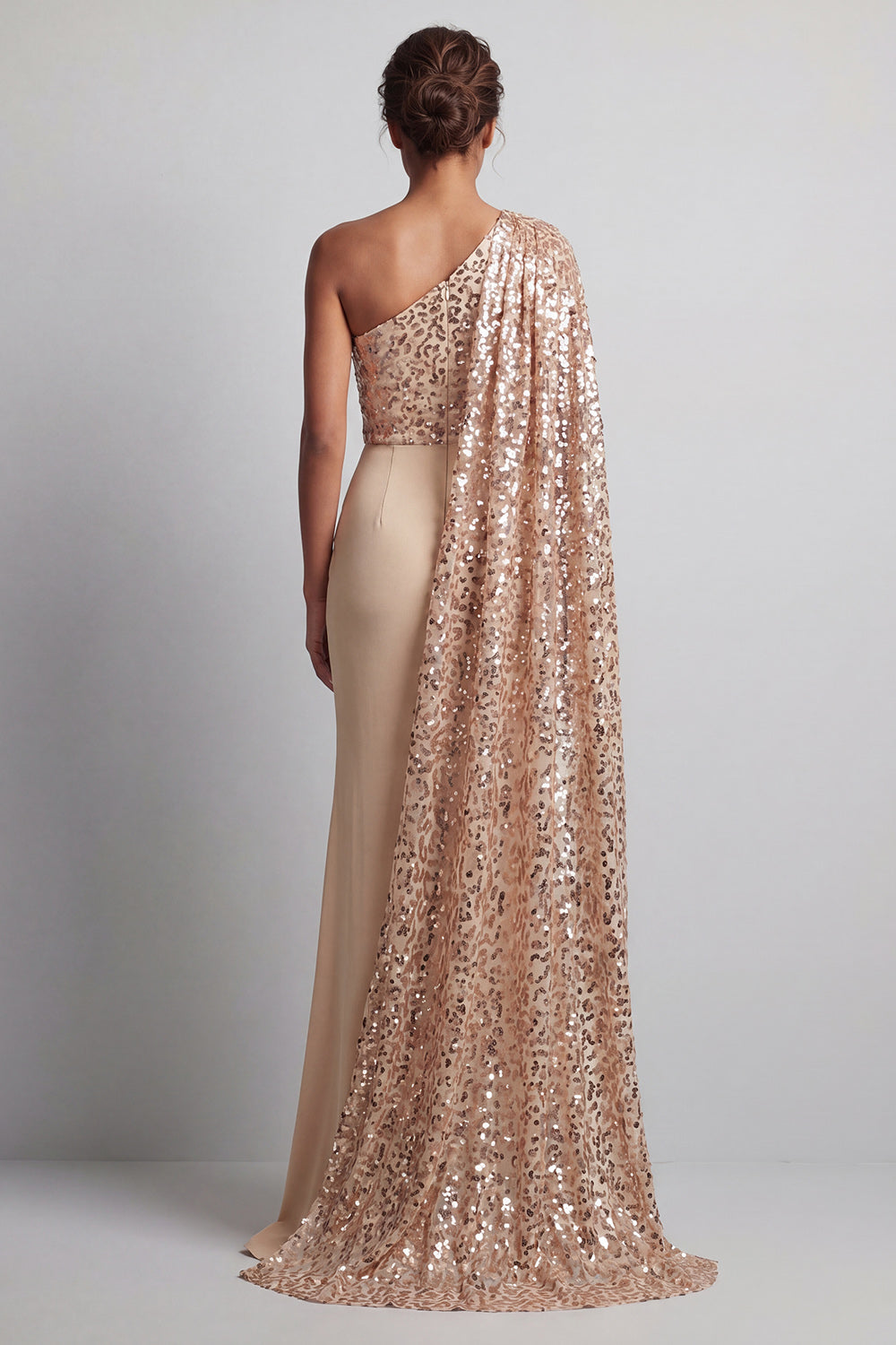 Champagne Mermaid Sparkly Beaded Long Wedding Guest Dress with Side Cape