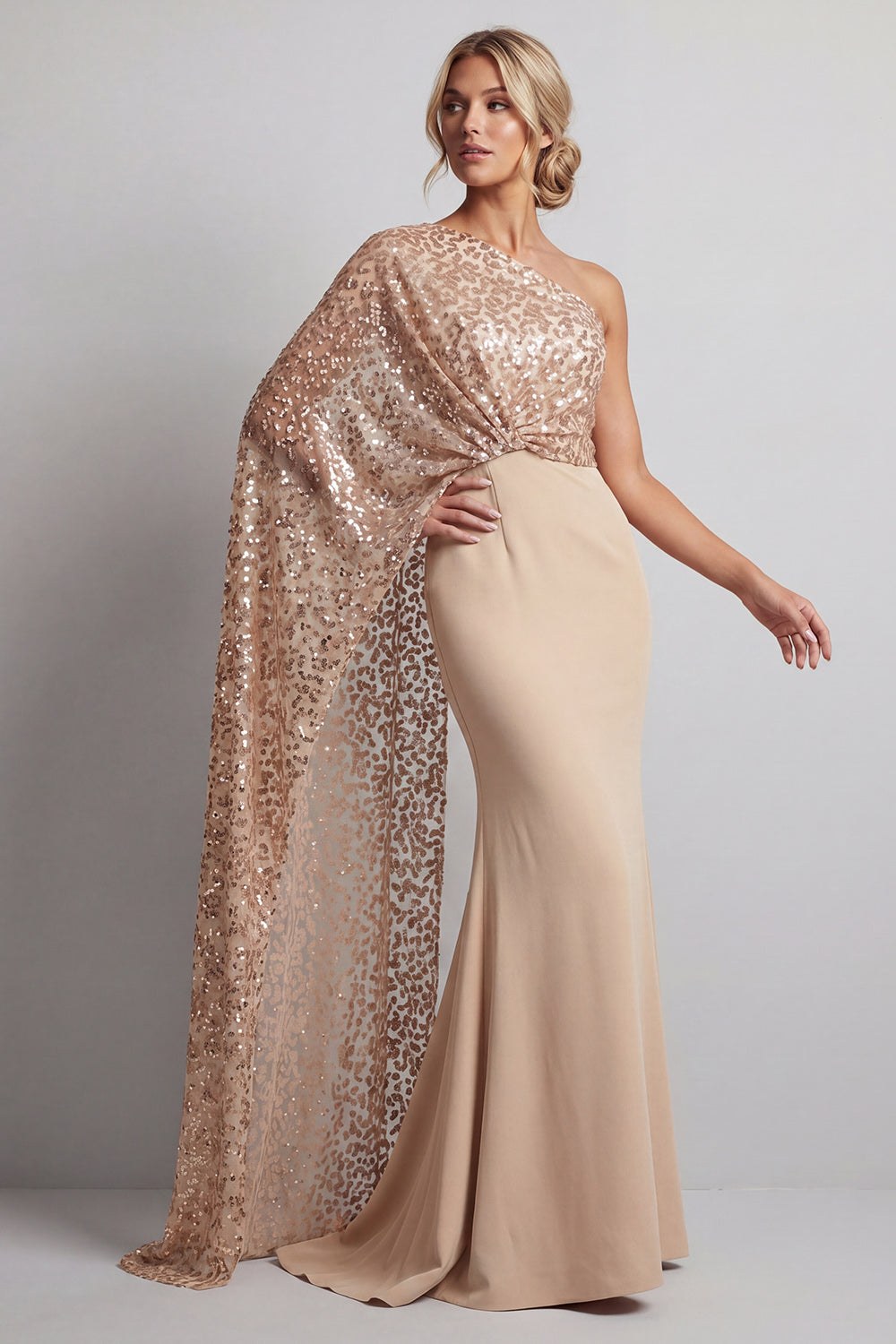 Champagne Mermaid Sparkly Beaded Long Wedding Guest Dress with Side Cape