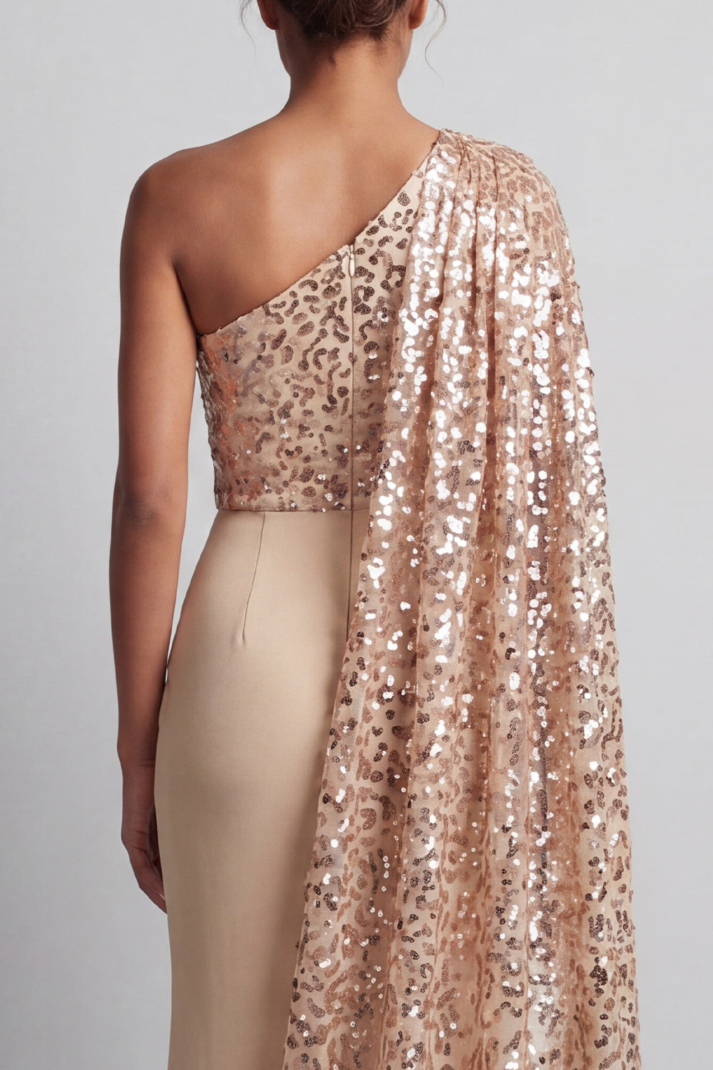 Champagne Mermaid Sparkly Beaded Long Wedding Guest Dress with Side Cape