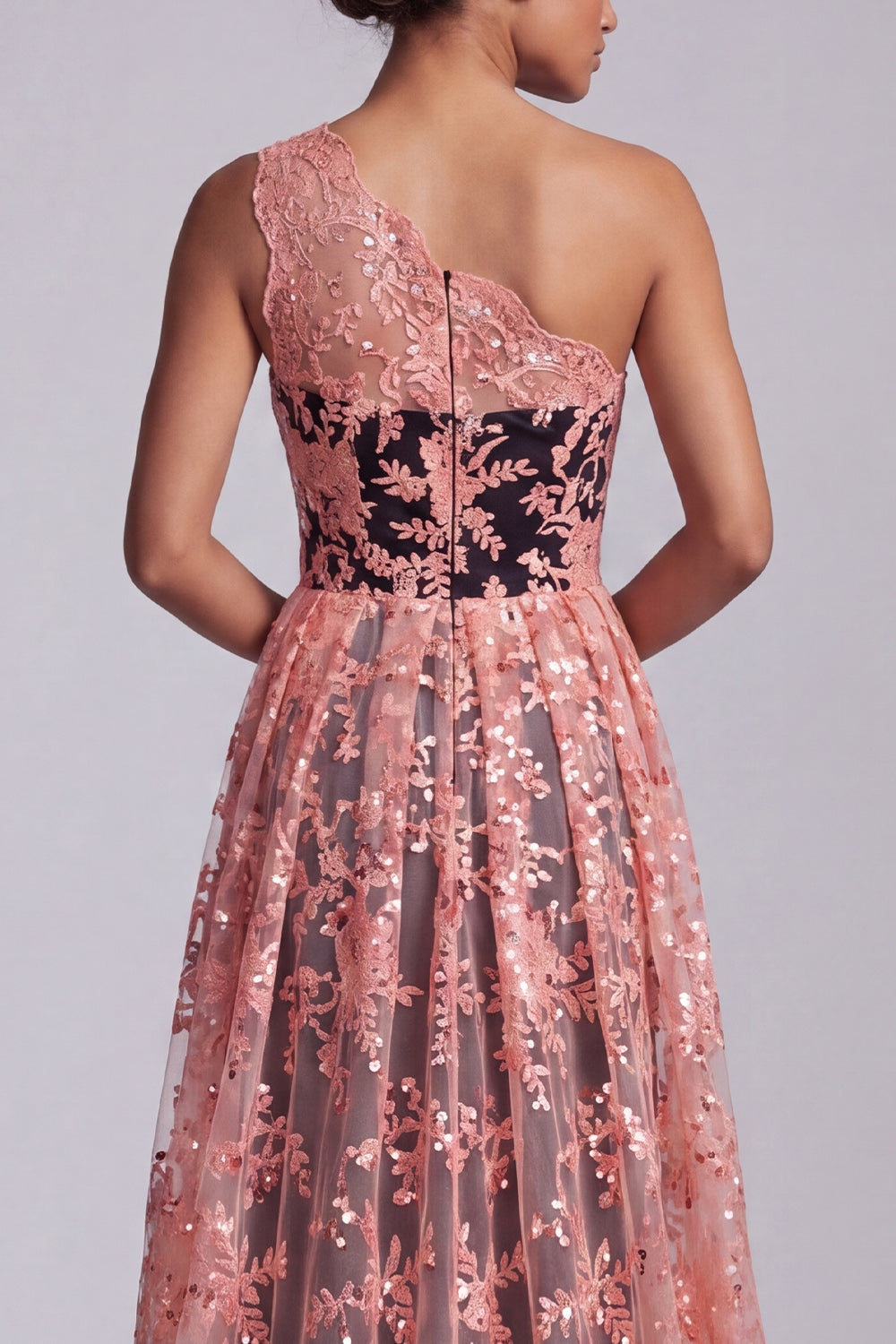 Sparkly Watermelon Floral Mermaid One Shoulder Long Wedding Guest Dress with Cape