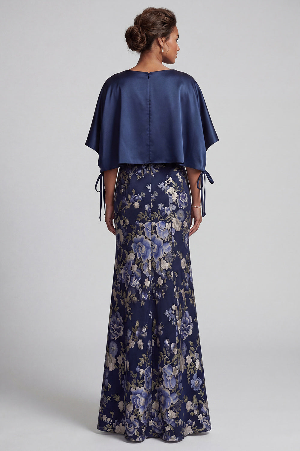 Mermaid Navy V Neck Floral Long Wedding Guest Dress with Cape