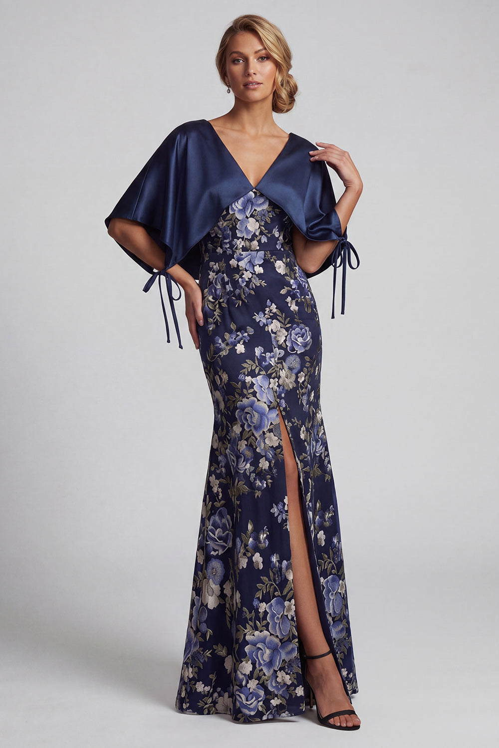 Mermaid Navy V Neck Floral Long Wedding Guest Dress with Cape