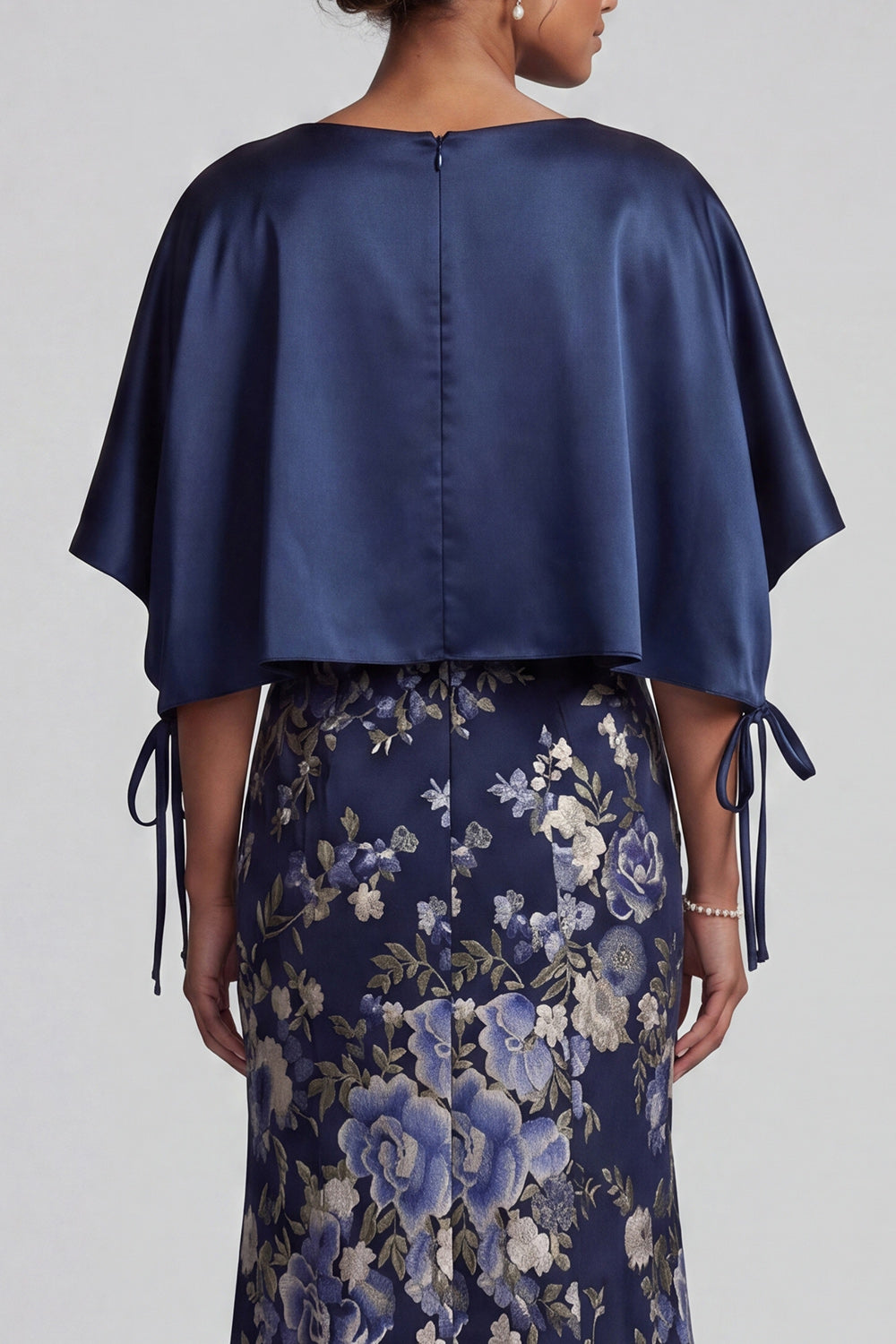 Mermaid Navy V Neck Floral Long Wedding Guest Dress with Cape