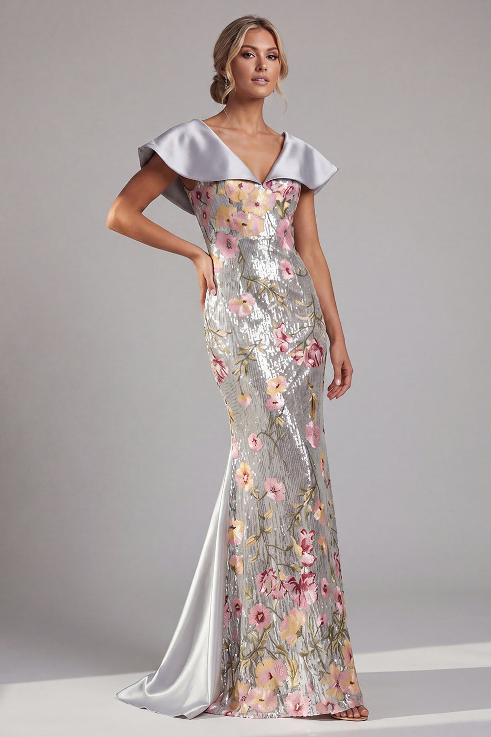 Silver V Neck Sequins Floral Mermaid Sparkly Long Wedding Guest Dress with Cape