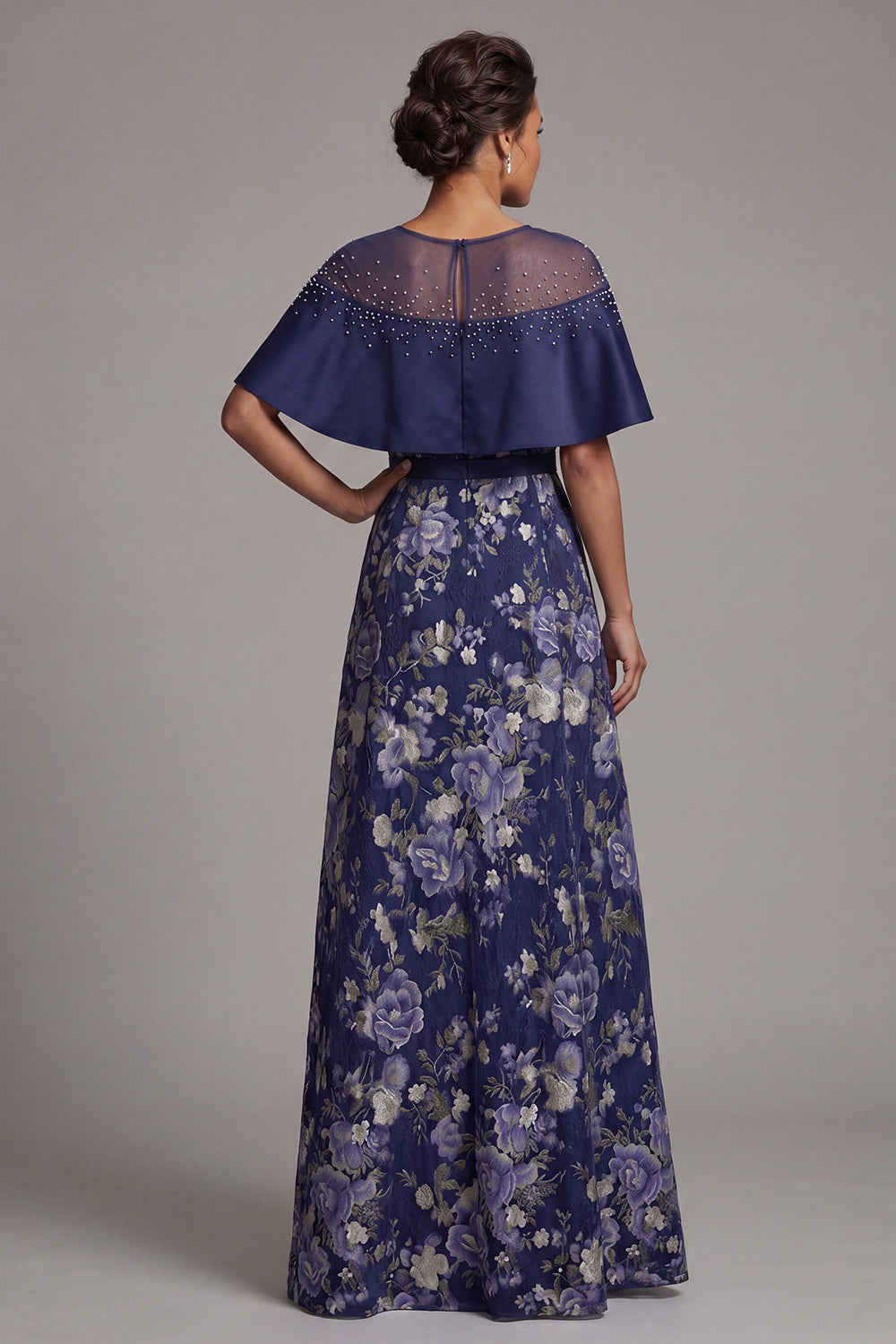 A Line Navy Sparkly Floral Beaded Long Wedding Guest Dress with Cape