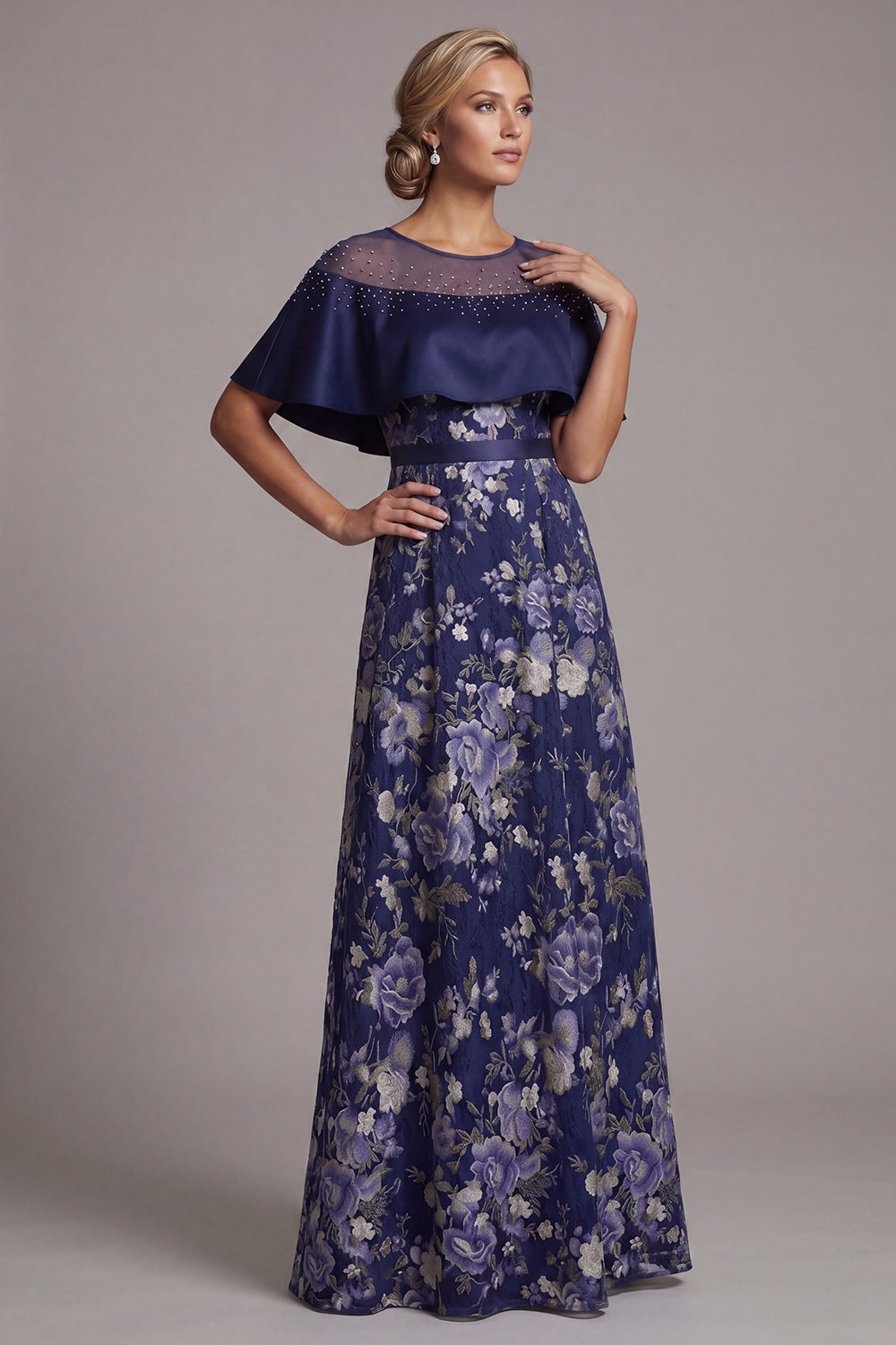 A Line Navy Sparkly Floral Beaded Long Wedding Guest Dress with Cape