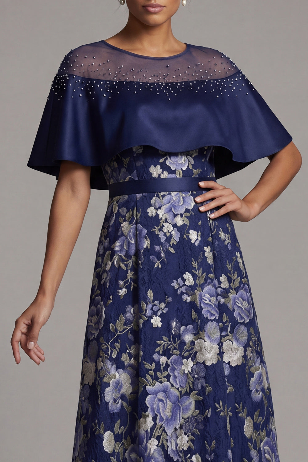 A Line Navy Sparkly Floral Beaded Long Wedding Guest Dress with Cape