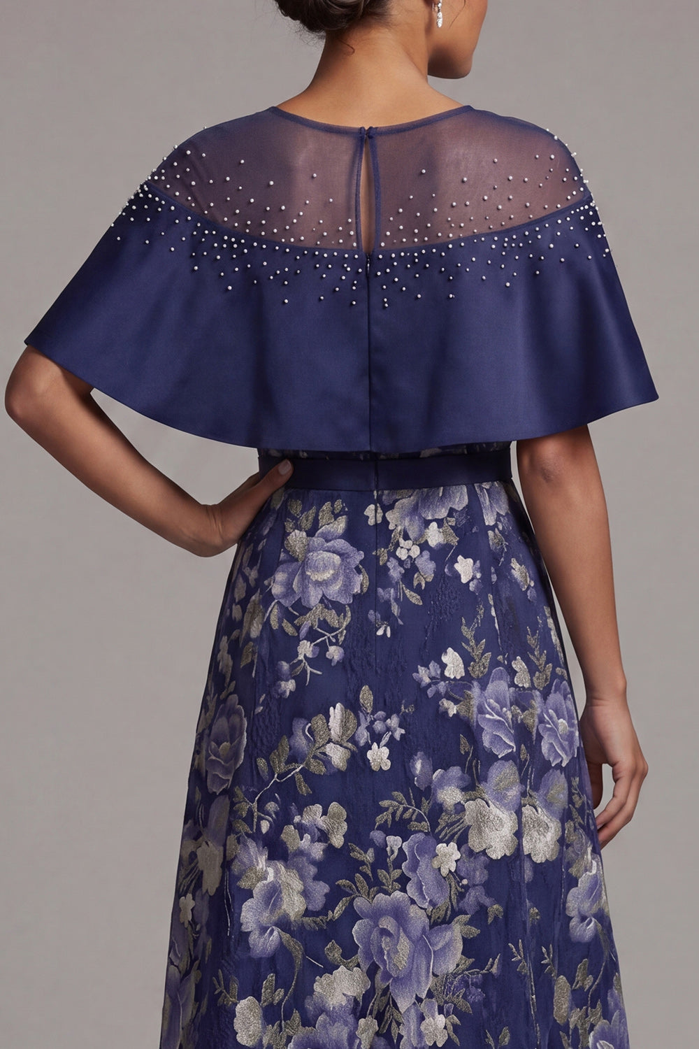 A Line Navy Sparkly Floral Beaded Long Wedding Guest Dress with Cape