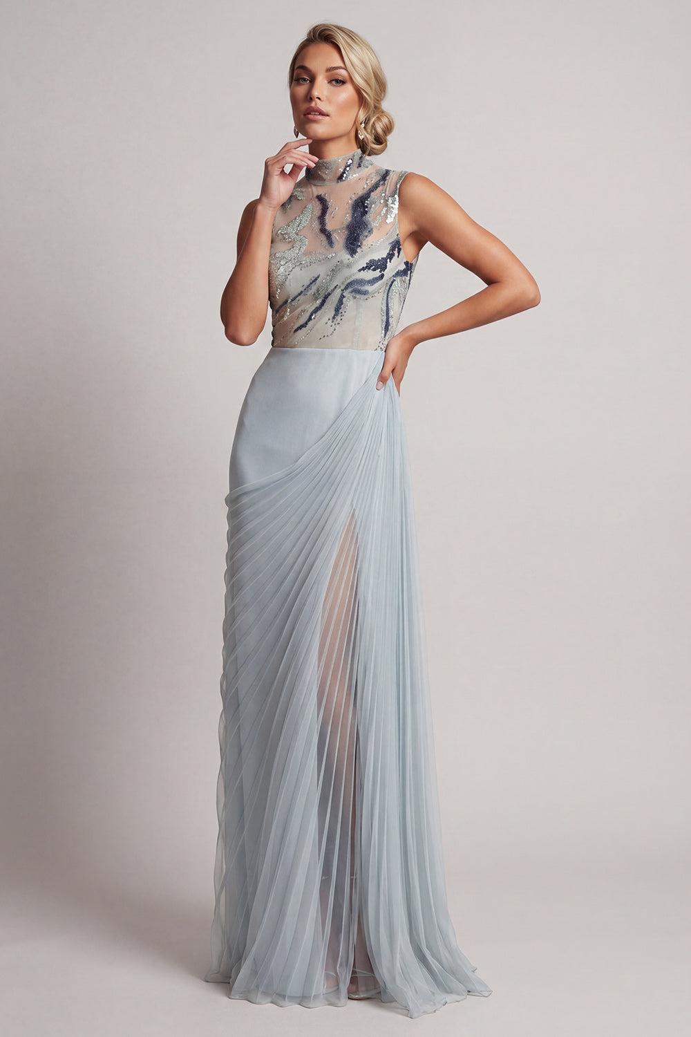 Sparkly Dusty Blue Pleated Sheath Beaded Long Wedding Guest Dress