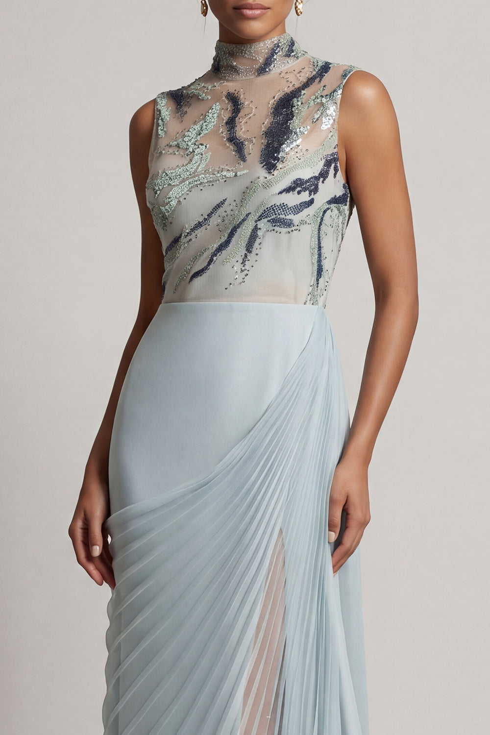 Sparkly Dusty Blue Pleated Sheath Beaded Long Wedding Guest Dress