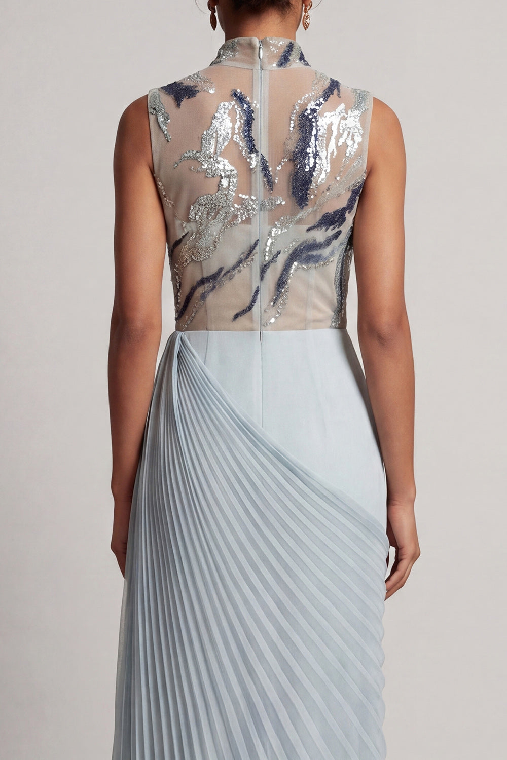 Sparkly Dusty Blue Pleated Sheath Beaded Long Wedding Guest Dress