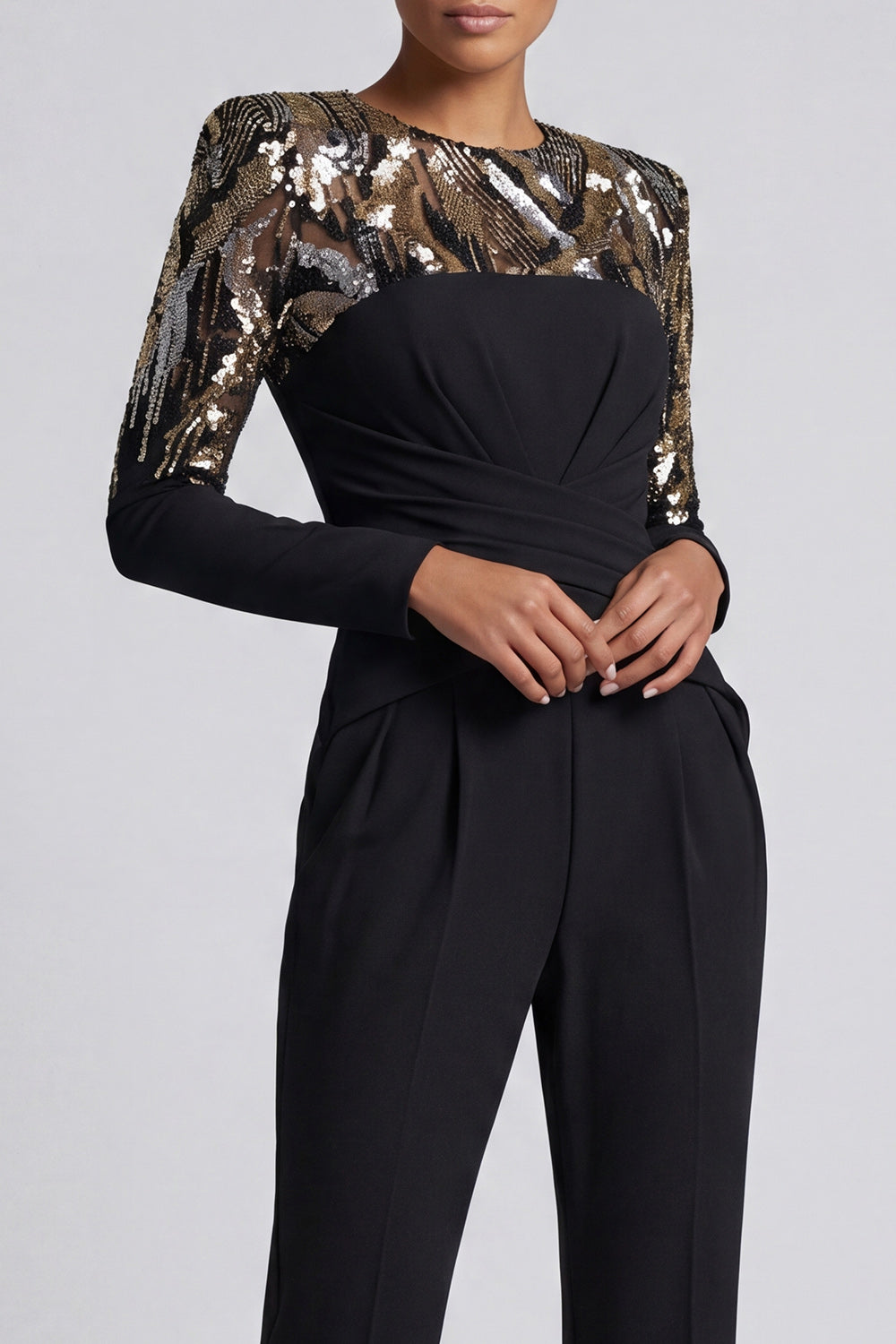 Sparkly Black Round Neck Long Sleeves Wedding Guest Jumpsuits with Sequins