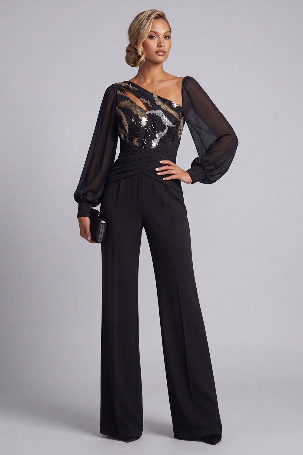 Sparkly Black Asymmetrical Neck Long Sleeves Wedding Guest Jumpsuits with Keyhole 