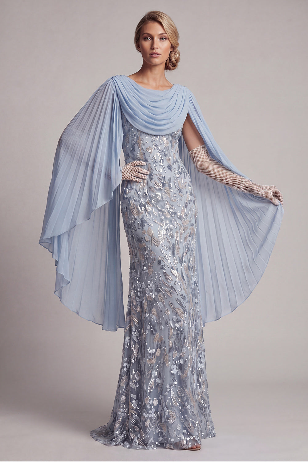 Sparkly Sky Blue Mermaid Sequins Cowl Neck Long Wedding Guest Dress with Cape