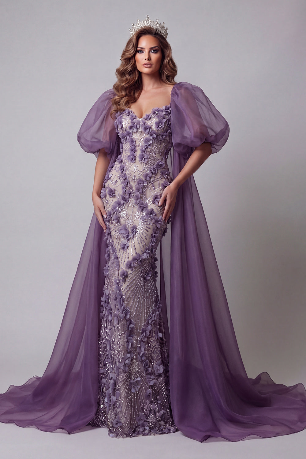 Sparkly Purple Mermaid Floral Puff Sleeves Long Evening Dress with Cape