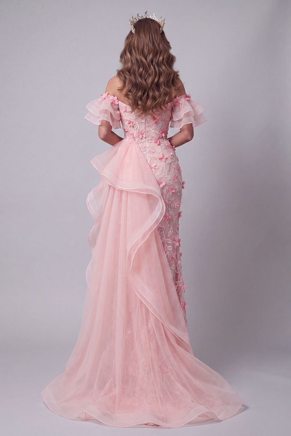Pink Mermaid Ruffled Floral Off the Shoulder Long Evening Dress with Slit