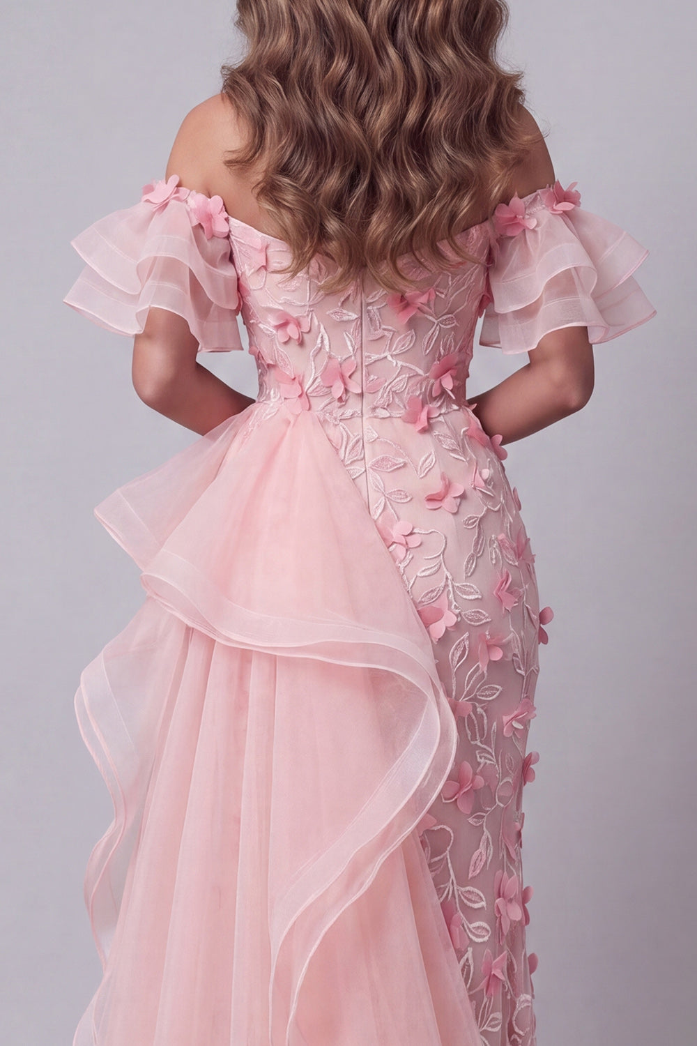 Pink Mermaid Ruffled Floral Off the Shoulder Long Evening Dress with Slit