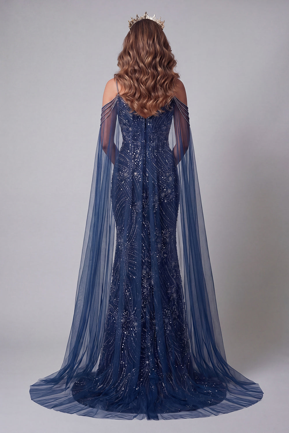 Sparkly Navy Cold Shoulder Mermaid Long Sequins Evening Dress with Cape