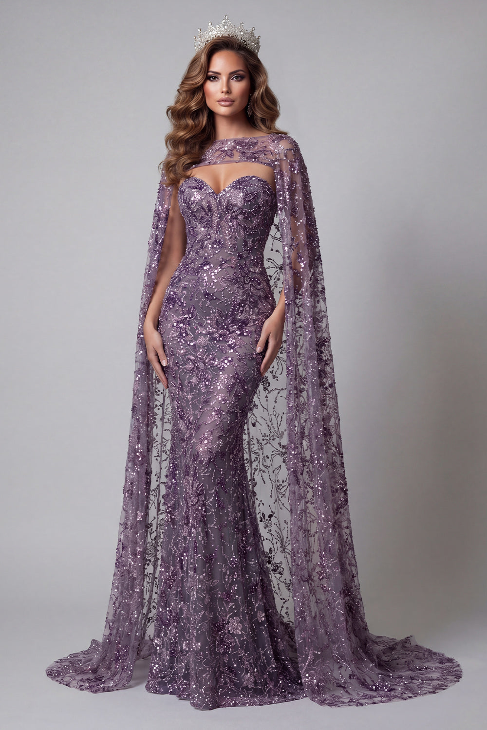 Sparkly Purple Mermaid Strapless Sequins Long Evening Dress with Cape