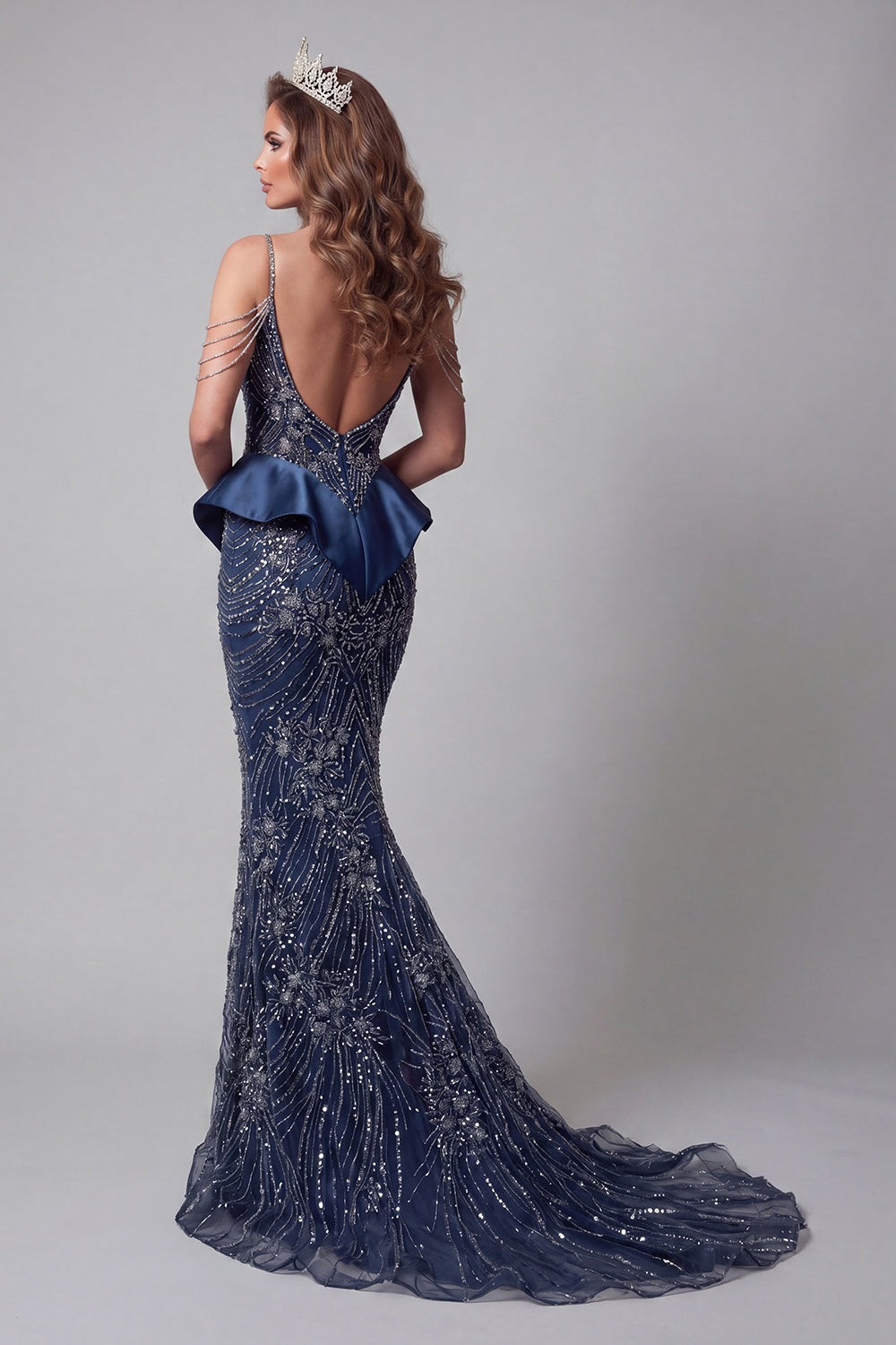 Sparkly Navy Mermaid Cold Shoulder Long Evening Dress with Ruffles