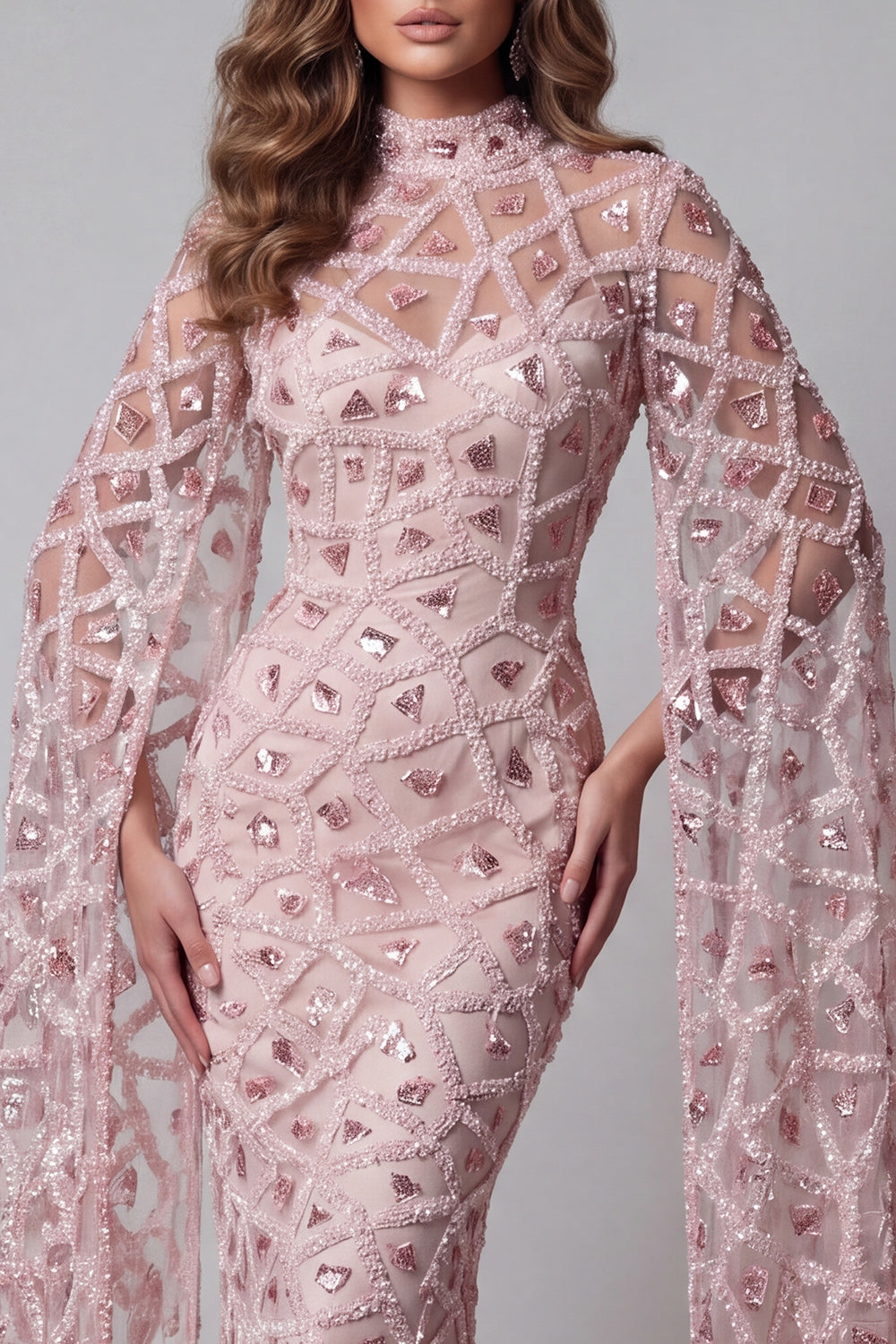 Sparkly Blush High Neck Mermaid Beaded Long Evening Dress with Cape