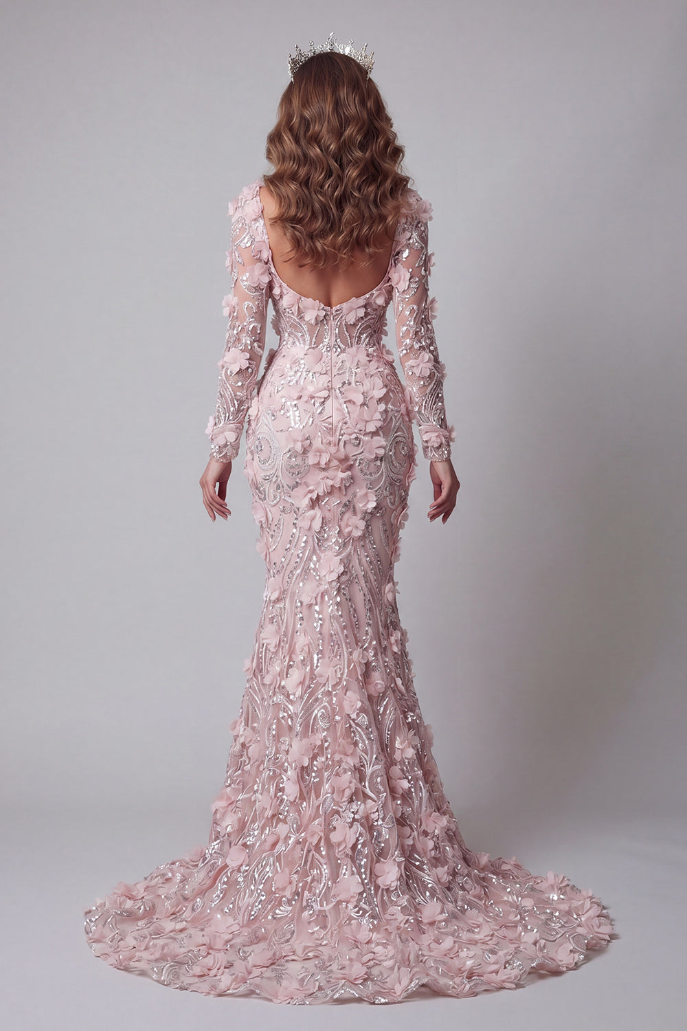 Sparkly Blush Mermaid Beaded Floral Long Evening Dress with Sleeves