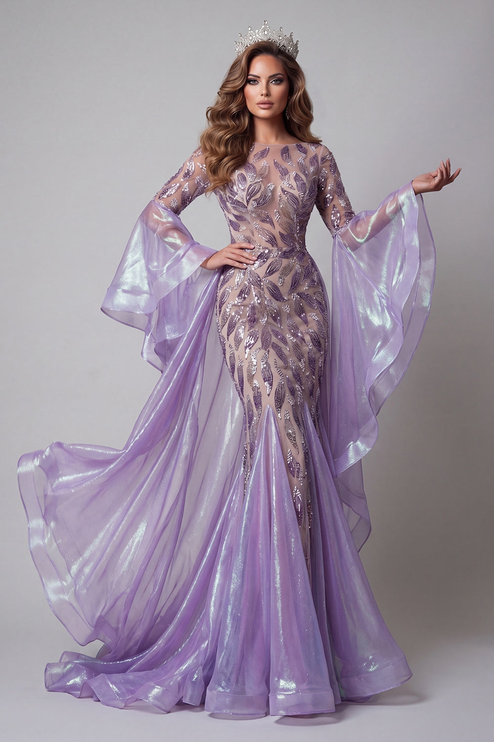 Sparkly Lavender Mermaid Beaded Flare Sleeves Long Evening Dress