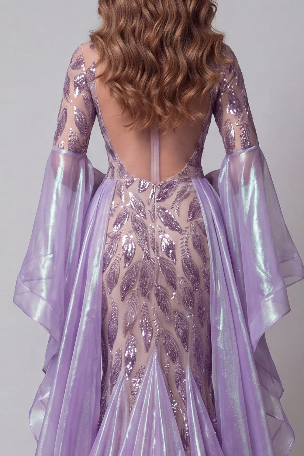 Sparkly Lavender Mermaid Beaded Flare Sleeves Long Evening Dress