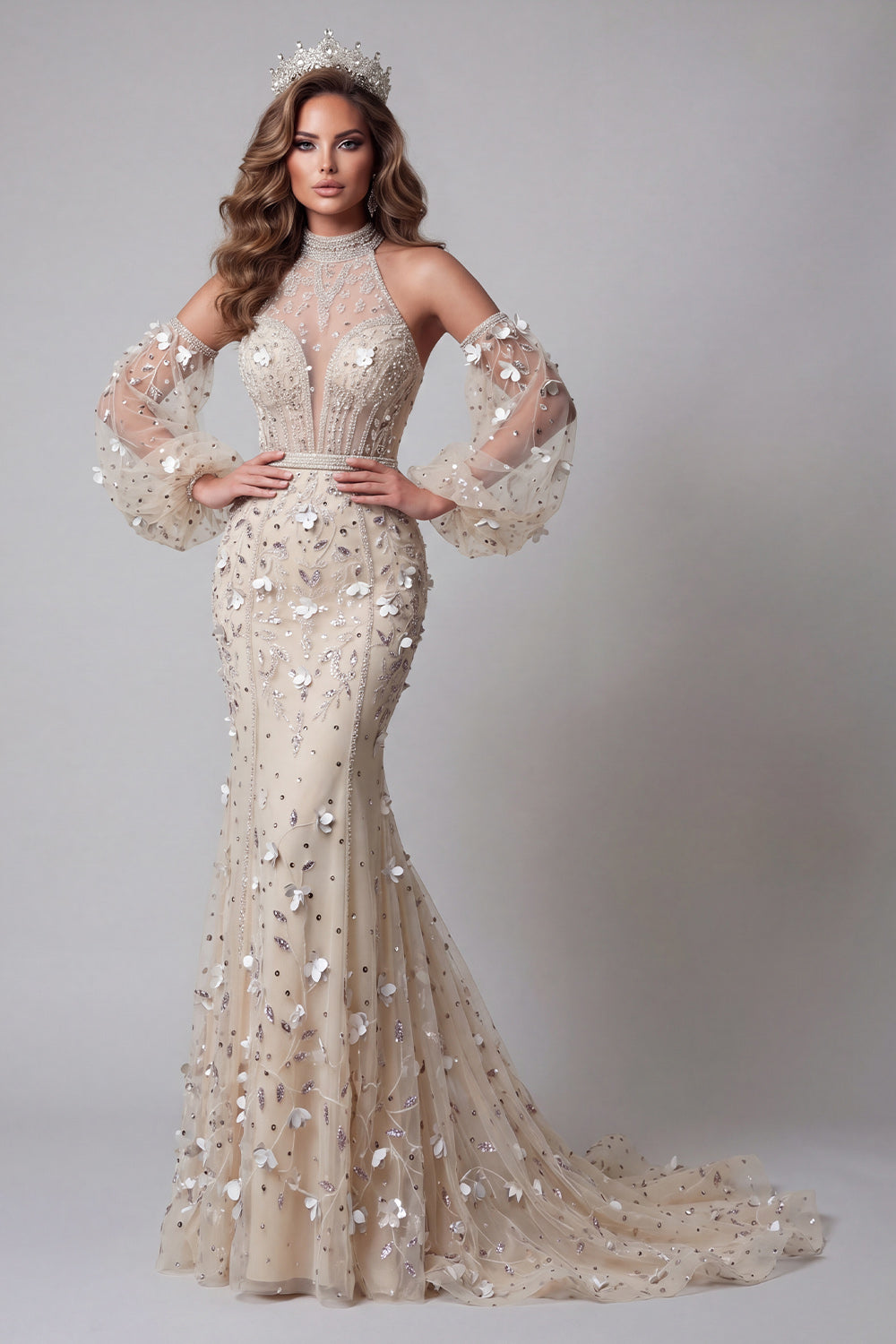 Sparkly Apricot High Neck Mermaid Long Floral Evening Dress with Detachable Sleeves