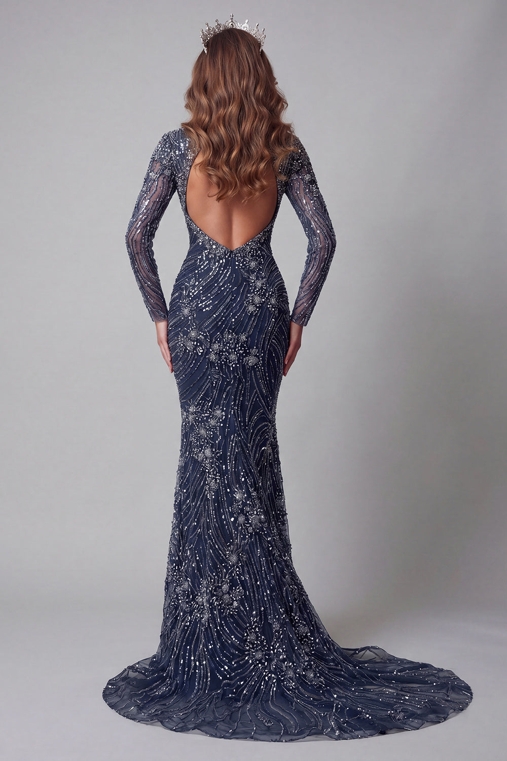 Sparkly Navy High Neck Mermaid Open Back Long Beaded Evening Dress