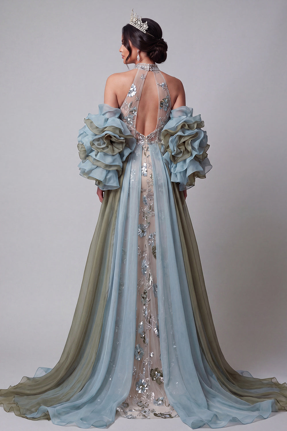 Sparkly Champagne Ruffled Mermaid Sequins Long Evening Dress with Cape