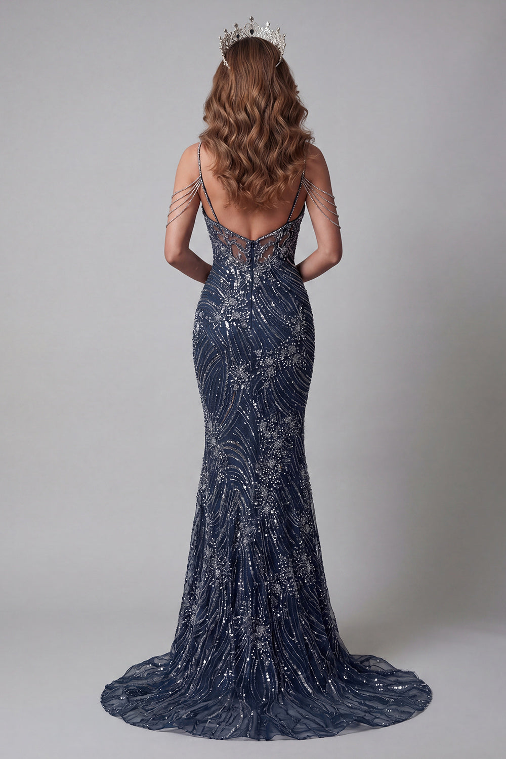 Sparkly Navy Cold Shoulder Mermaid Beaded Long Evening Dress