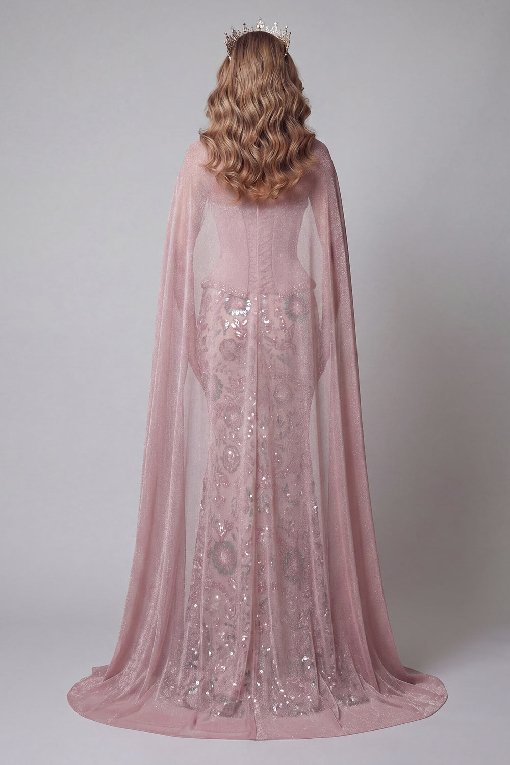 Sparkly Pink Strapless Basque Waist Mermaid Long Beaded Evening Dress with Cape