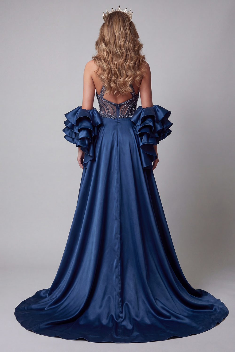 Sparkly Navy Mermaid Sequins Ruffled Maxi Evening Dress with Cape