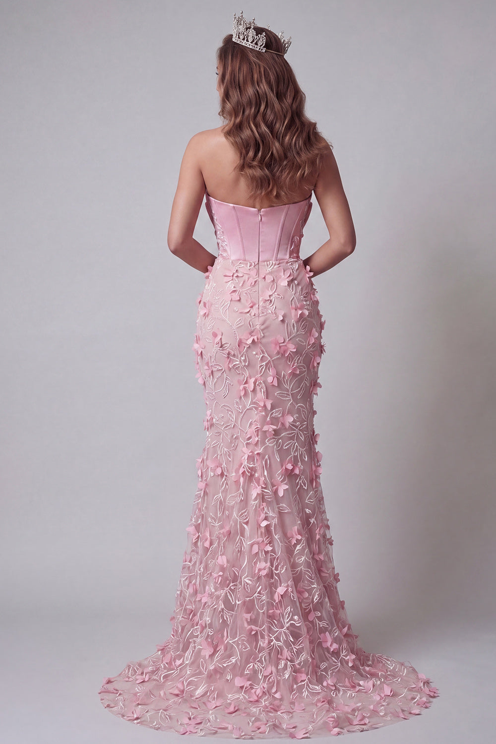 Pink Mermaid Ruffled Ruched Corset Floral Beaded Long Evening Dress