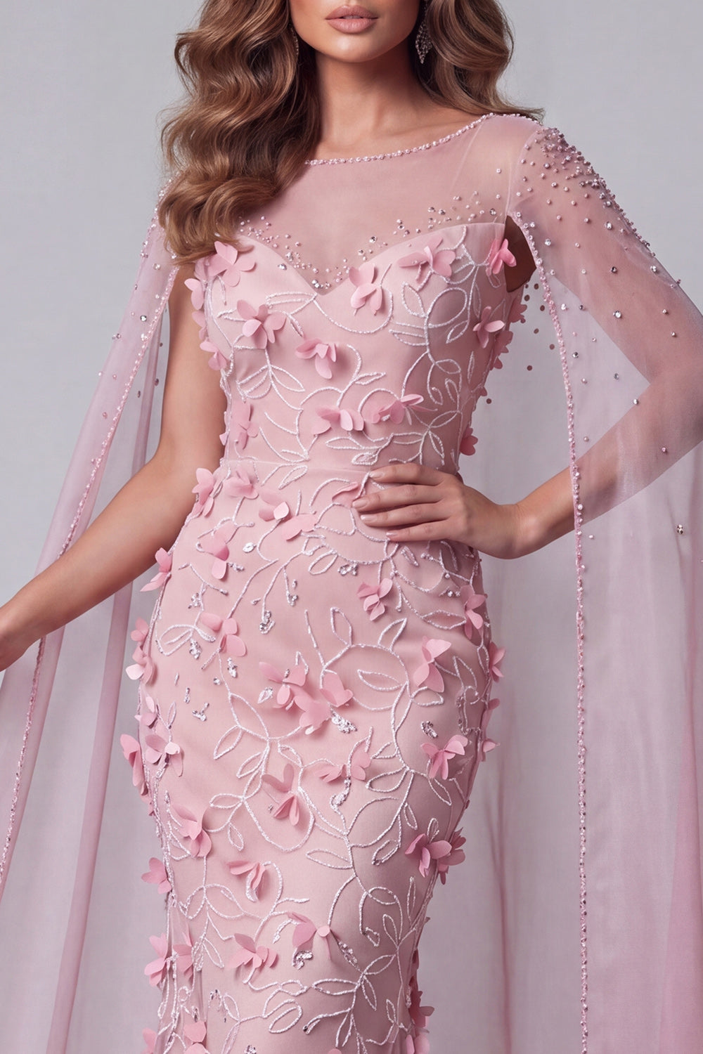 Pink Mermaid Boat Illusion Neck Floral Long Evening Dress with Cape