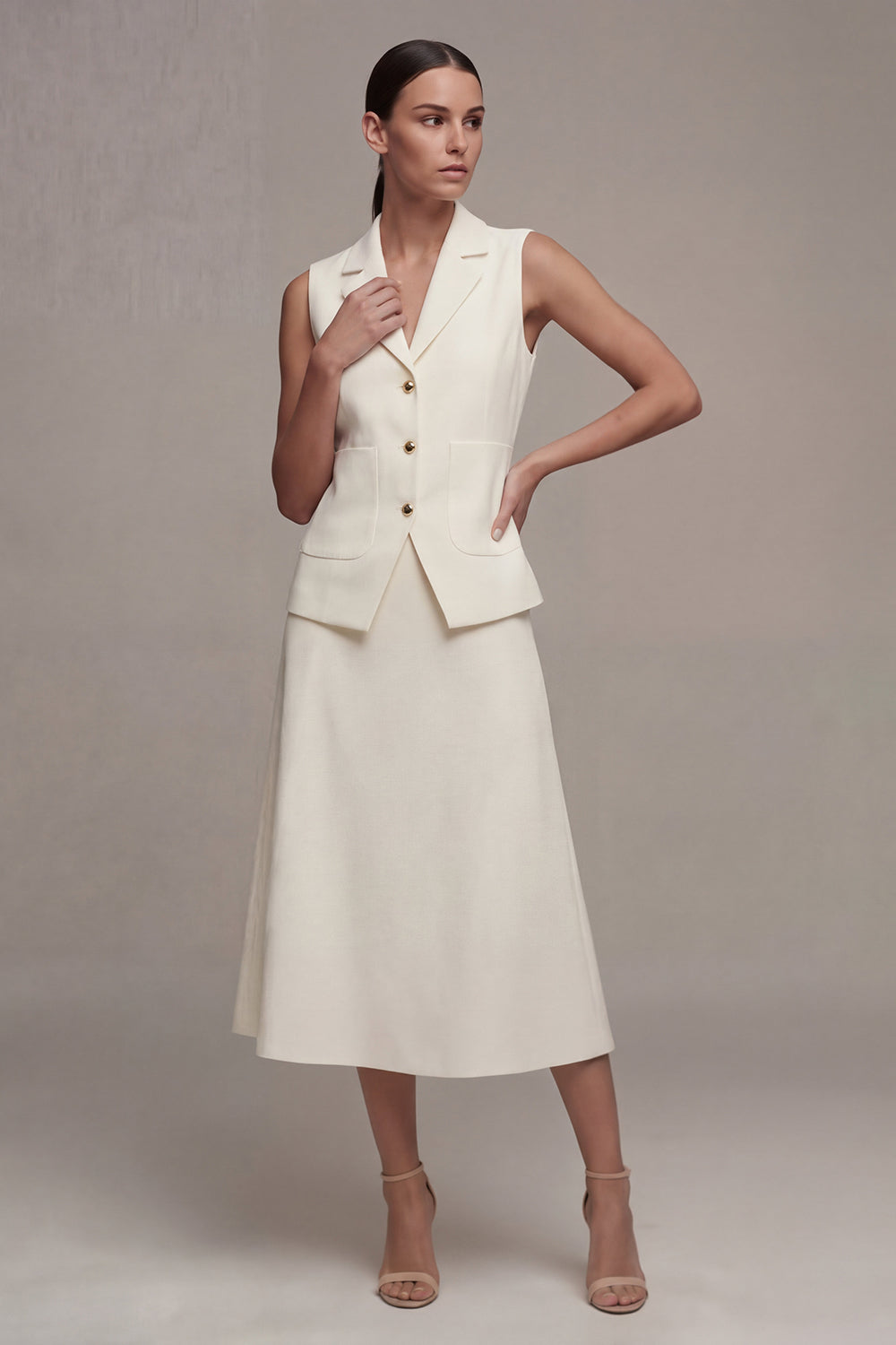 Ivory 2 Piece Notched Lapel Sleeveless Long Business Suits with Buttons