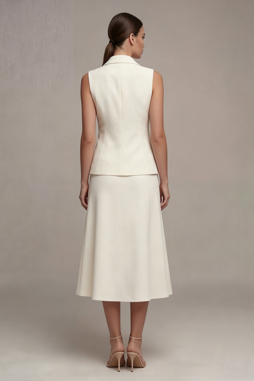 Ivory 2 Piece Notched Lapel Sleeveless Long Business Suits with Buttons