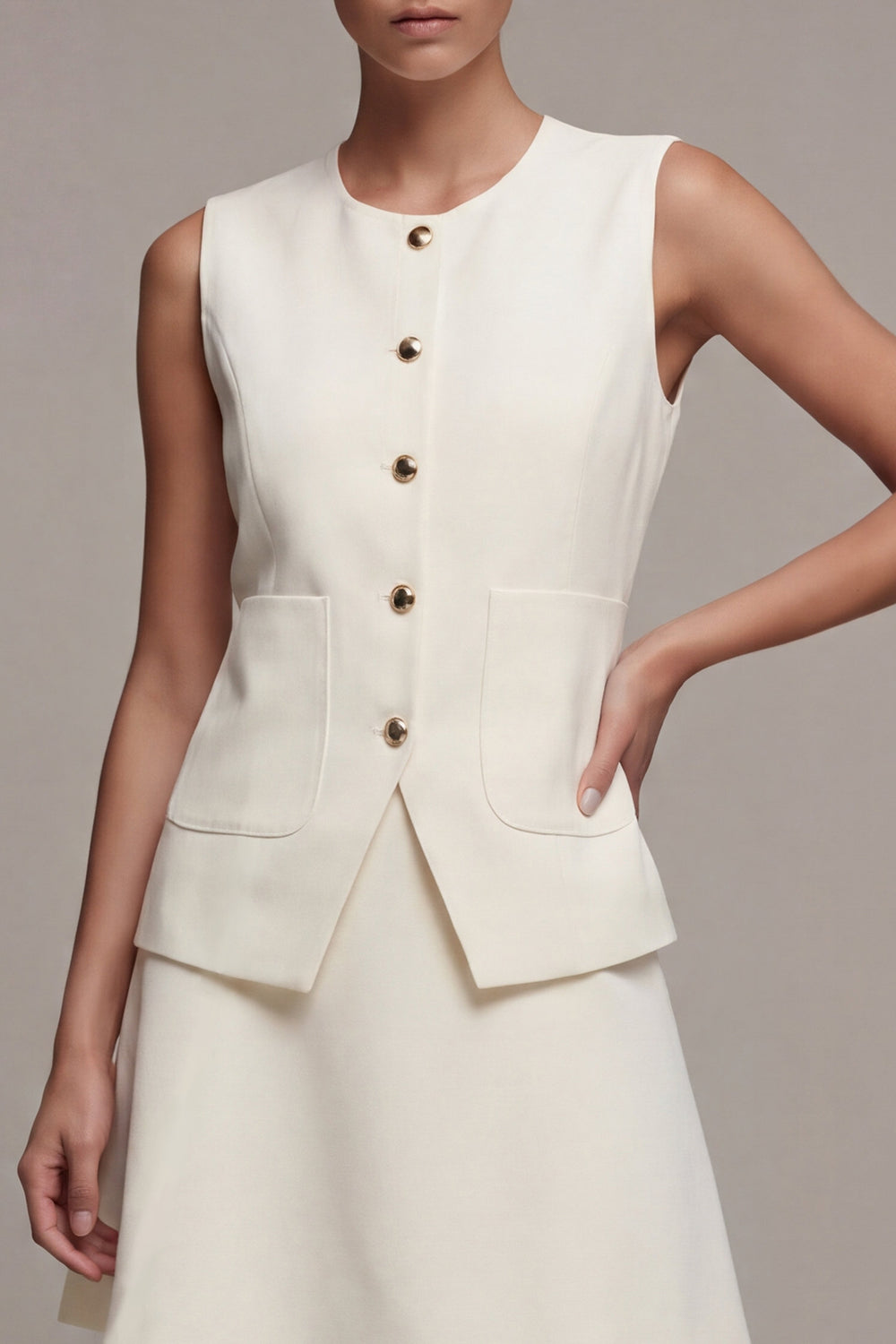 2 Piece Ivory Round Neck Single Breasted Sleeveless Short Business Suits