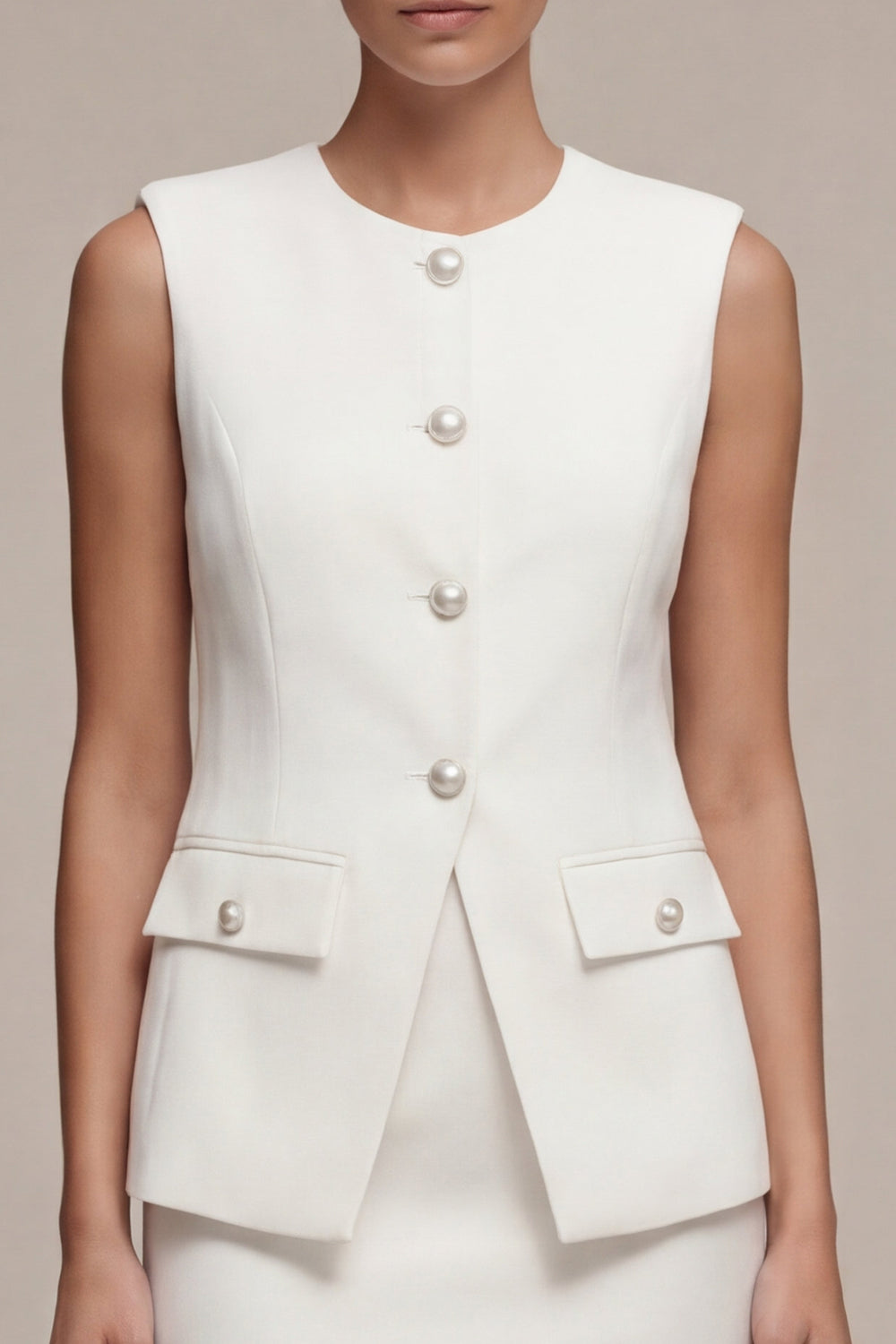 White 2 Piece Round Neck Sleeveless Single Breasted Short Business Suits