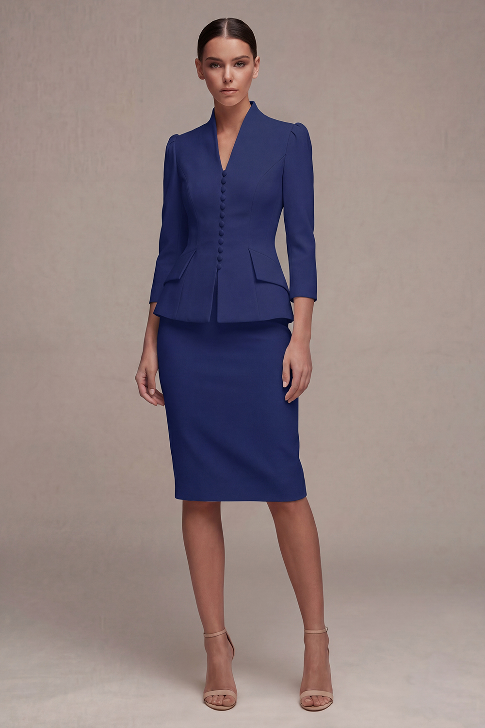 Ivory 2 Piece V Neck 3/4 Sleeves Single Breasted Midi Business Suits