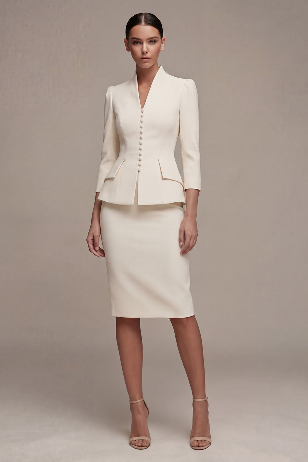 Ivory 2 Piece 3/4 Sleeves V Neck Single Breasted Midi Business Suits