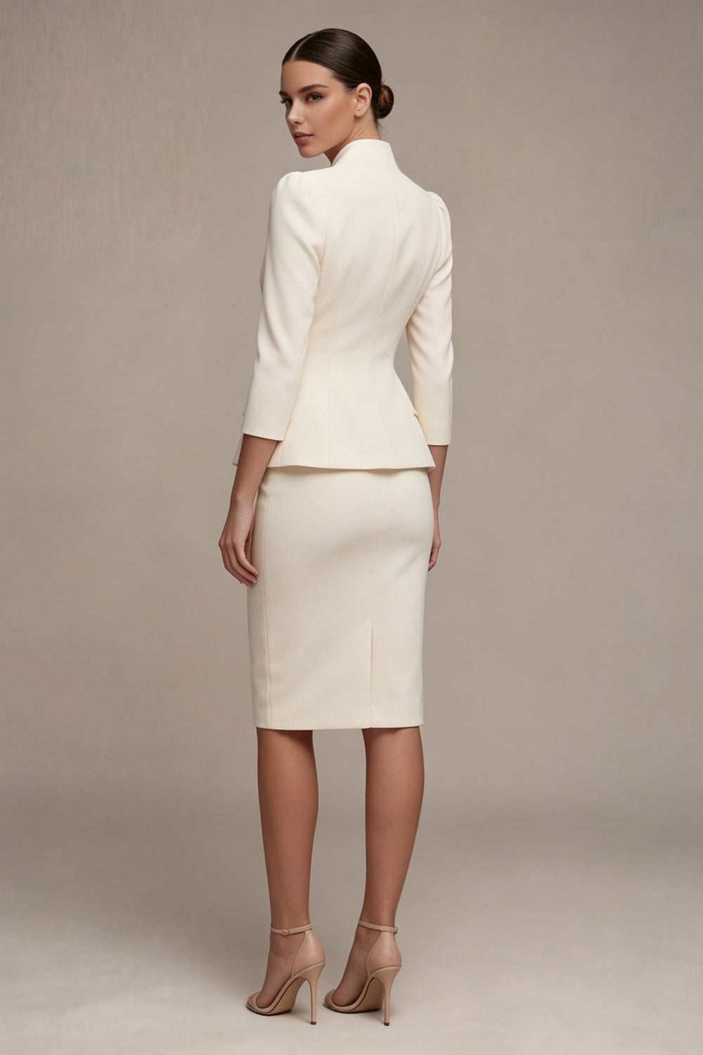 Ivory 2 Piece 3/4 Sleeves V Neck Single Breasted Midi Business Suits