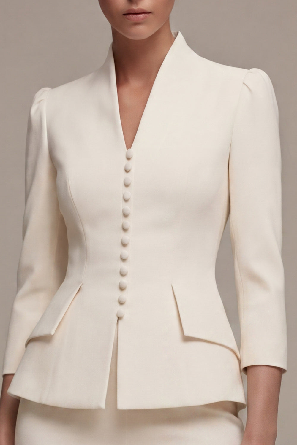 Ivory 2 Piece 3/4 Sleeves V Neck Single Breasted Midi Business Suits