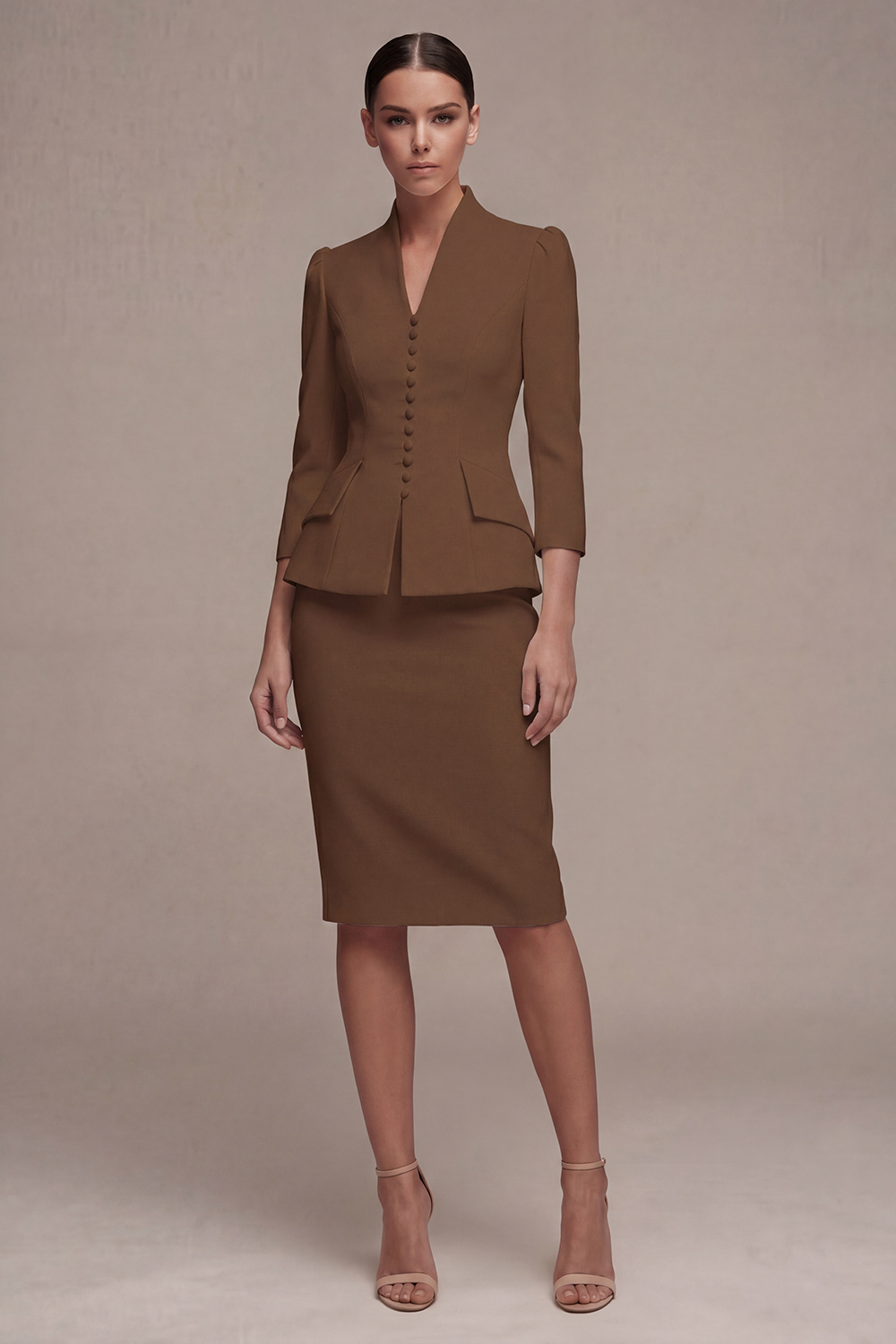 Ivory 2 Piece V Neck 3/4 Sleeves Single Breasted Midi Business Suits