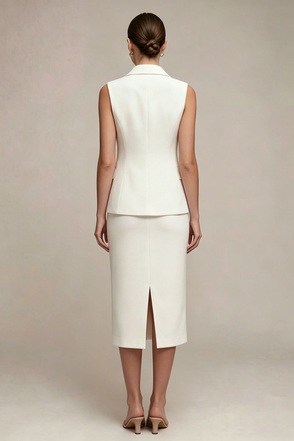 White Single Breasted 2 Piece Notched Lapel Midi Business Suits with Back Slit