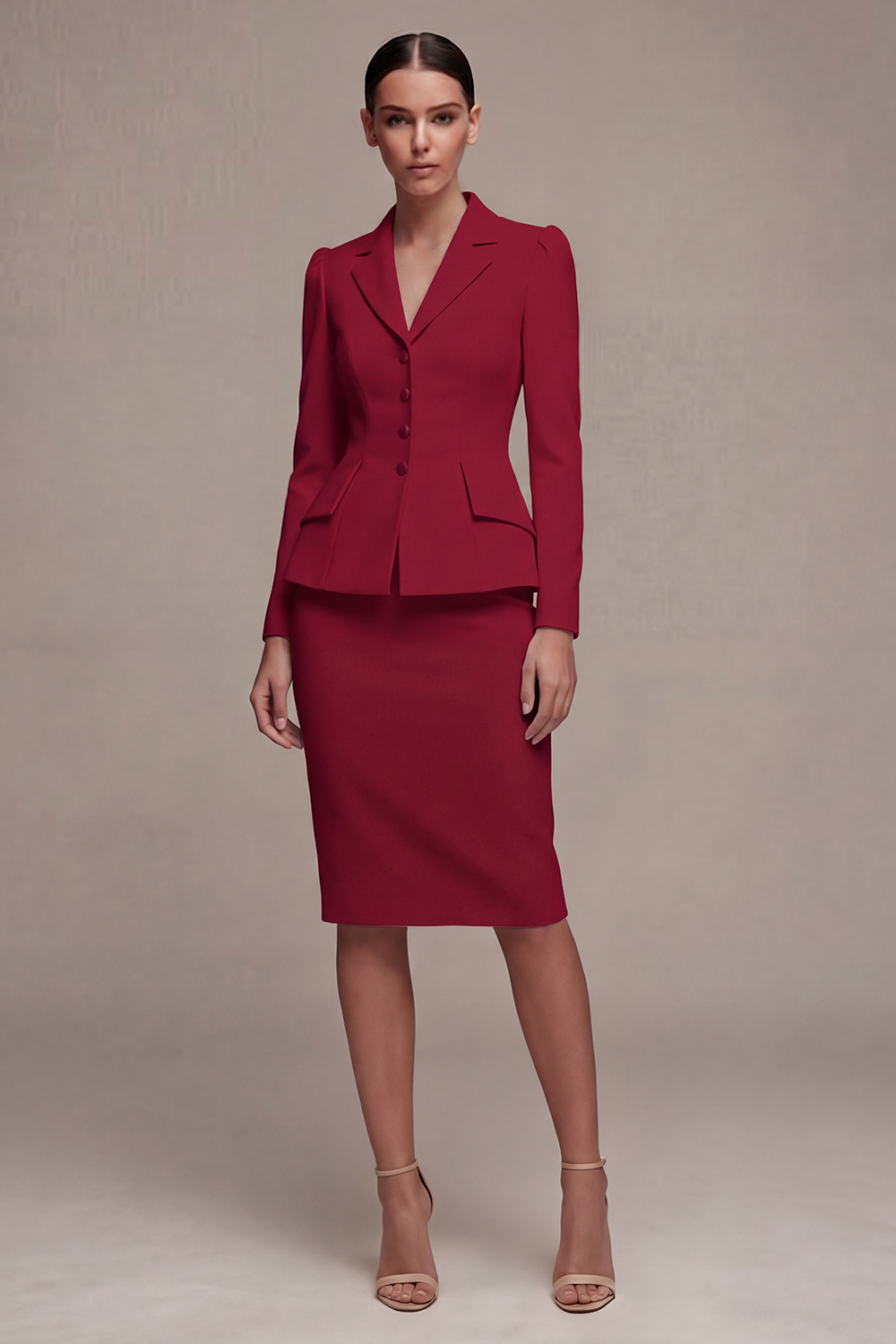 Ivory 2 Piece Notched Lapel Midi Business Suits with Back Slit