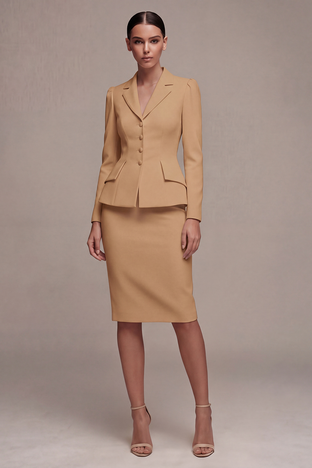 Ivory 2 Piece Notched Lapel Midi Business Suits with Back Slit